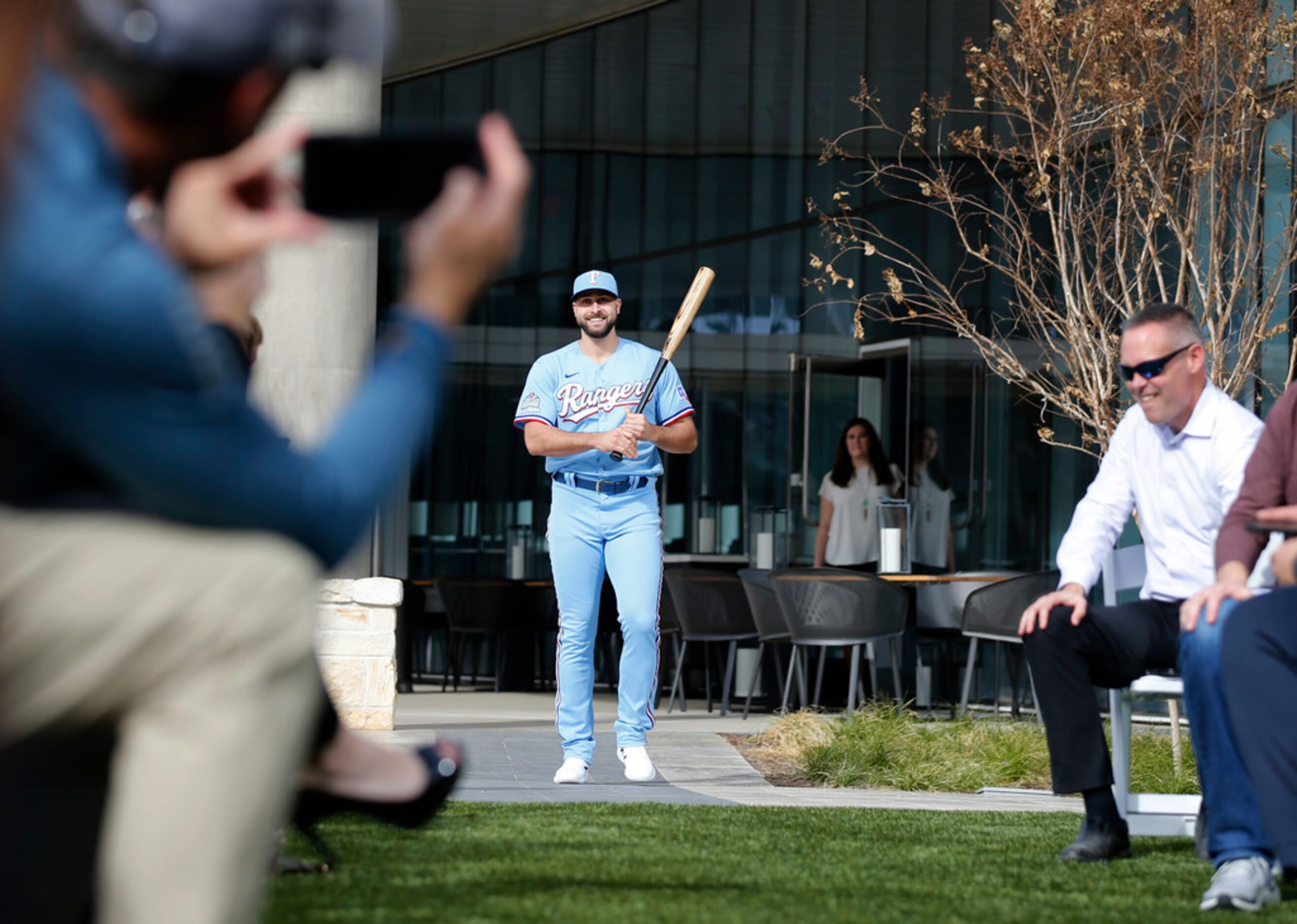 Texas Rangers Joey Gallo walks the aisle during the unveiling of the 2020 uniforms at Live!...