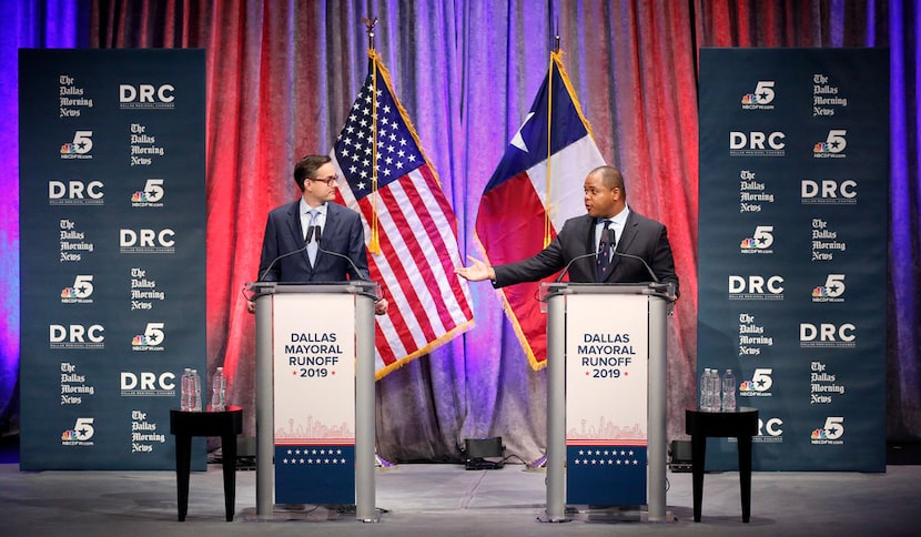 State Rep. Eric Johnson, D-Dallas (right) addresses Dallas City Council member Scott Griggs...