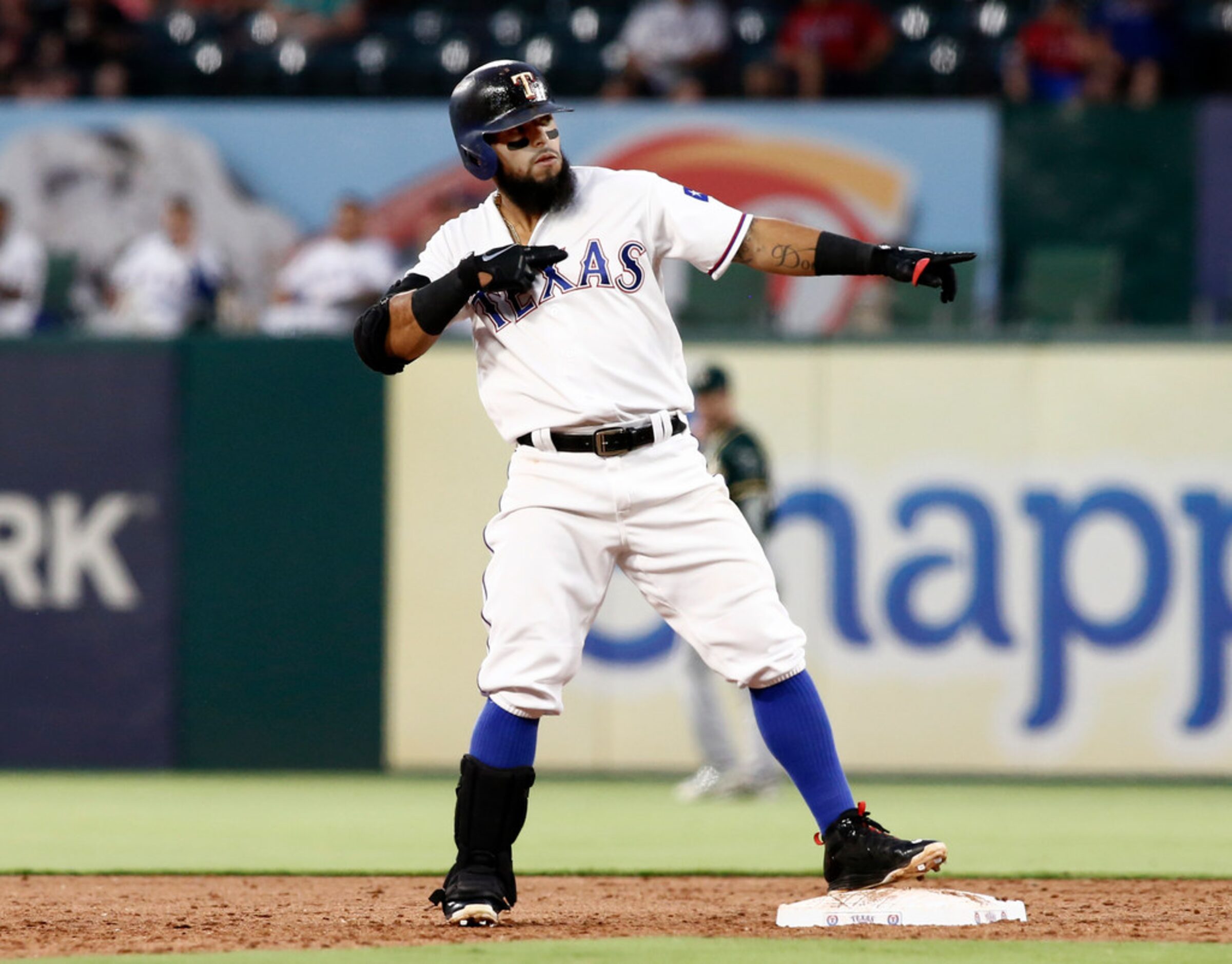 Texas Rangers' Rougned Odor reacts after hitting a double against the Oakland Athletics...