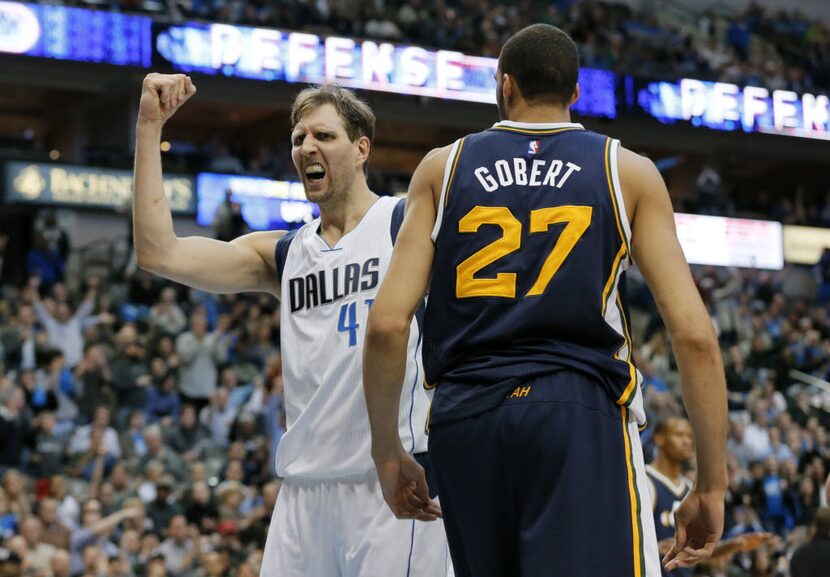 Dallas Mavericks' Dirk Nowitzki (41) of Germany celebrates a basket in front of Utah Jazz's...