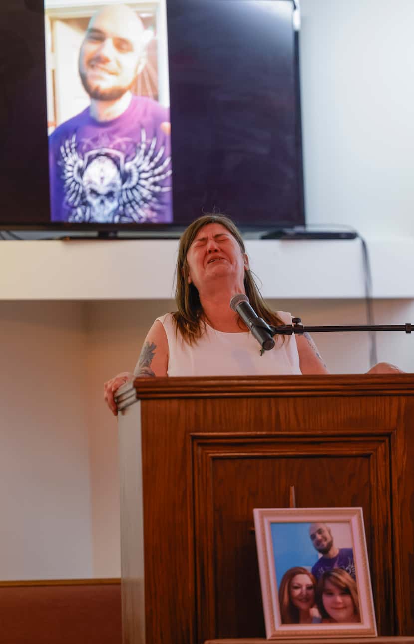 Tona Southards, mother of Jon Anthony Southards, reacts while delivering her remarks during...