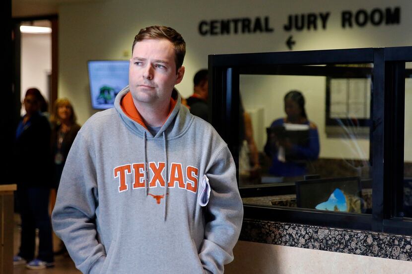 People gather around the Frank Crowley Courthouse Central Jury Room to see Austin Shuffield,...