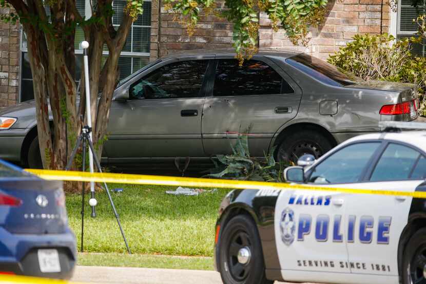 Police investigate the scene where a brief car chase ended in Dallas police officers...