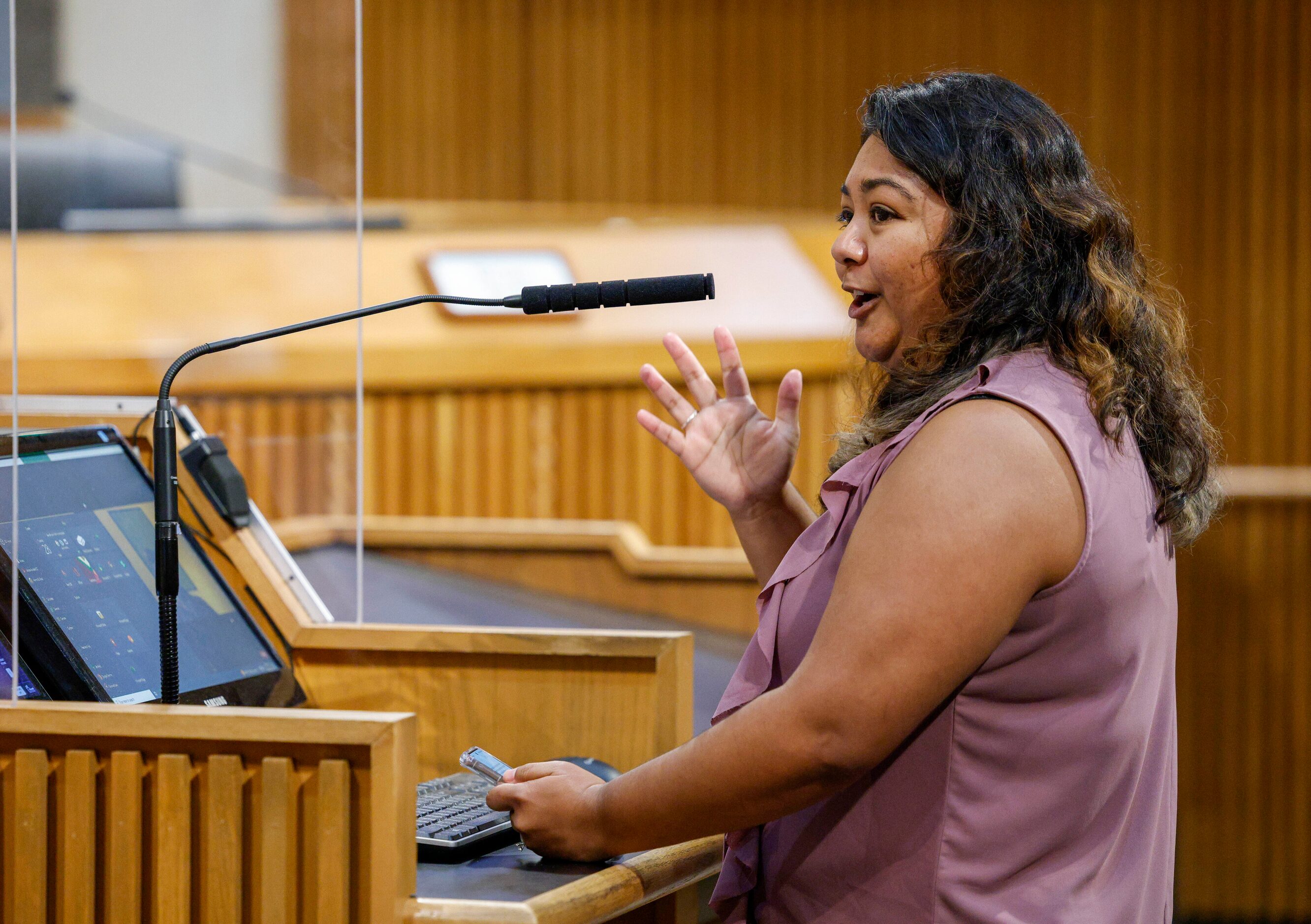 Alyssa Grossman speaks in favor of the resolution to de-prioritize Texas abortion laws...