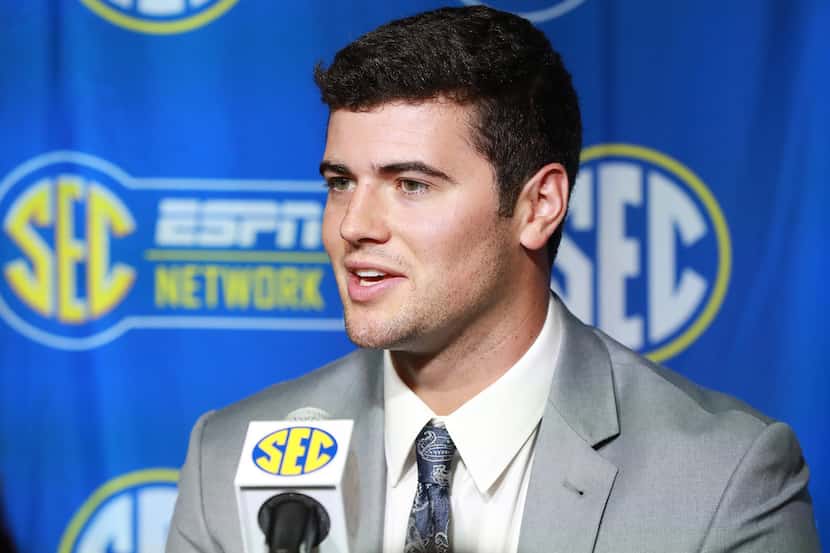 Auburn quarterback Jarrett Stidham holds his SEC Media Days press conference at the College...