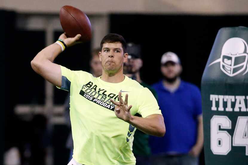 Bryce Petty throws as he works out for scouts at Baylor NFL football Pro Day in Waco, Texas,...