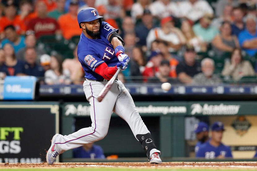 HOUSTON, TX - MAY 10:  Elvis Andrus #1 of the Texas Rangers grounds out in the sixth inning...