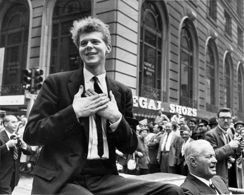 Van Cliburn during a ticker tape parade in New York after winning the Tchaikovsky Piano...