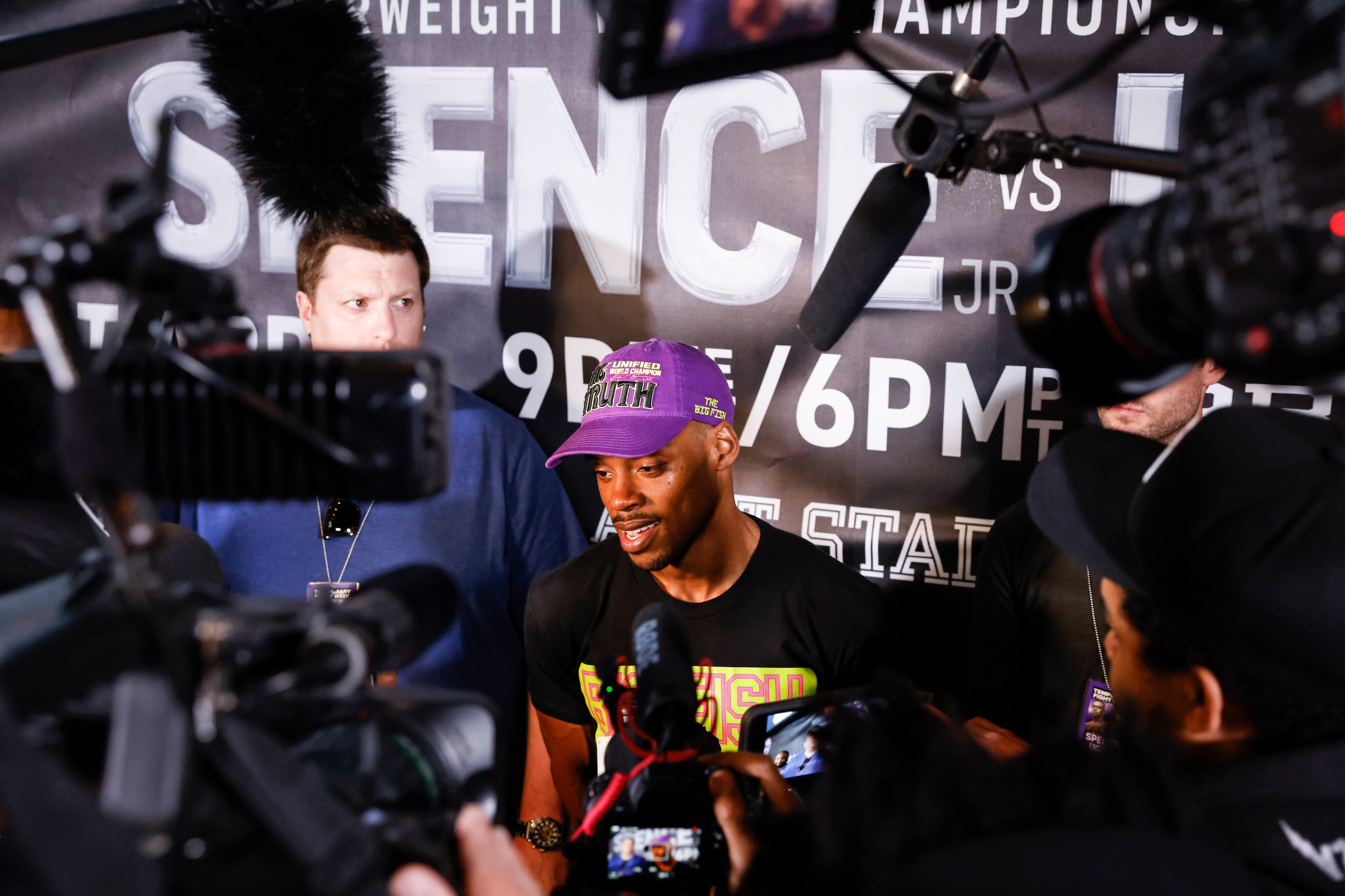 Errol Spence Jr. talks with media after Texas Live! Media Workout, Wednesday, April, 13, in...