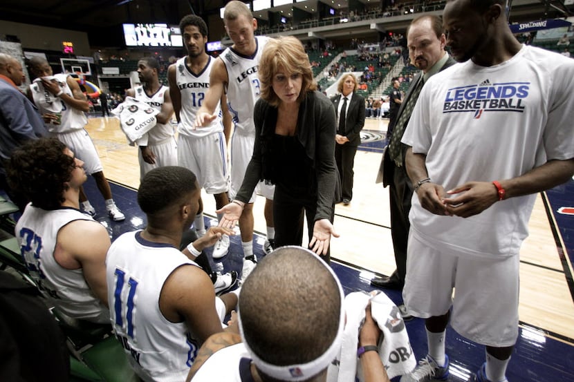 FILE - In this March 30, 2011 file photo, Texas Legends head coach Nancy Lieberman, center,...