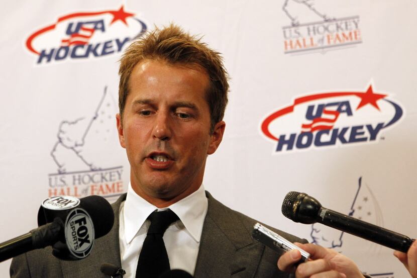 U.S. Hockey Hall of Fame Class of 2012 inductee Mike Modano answers questions from the media...