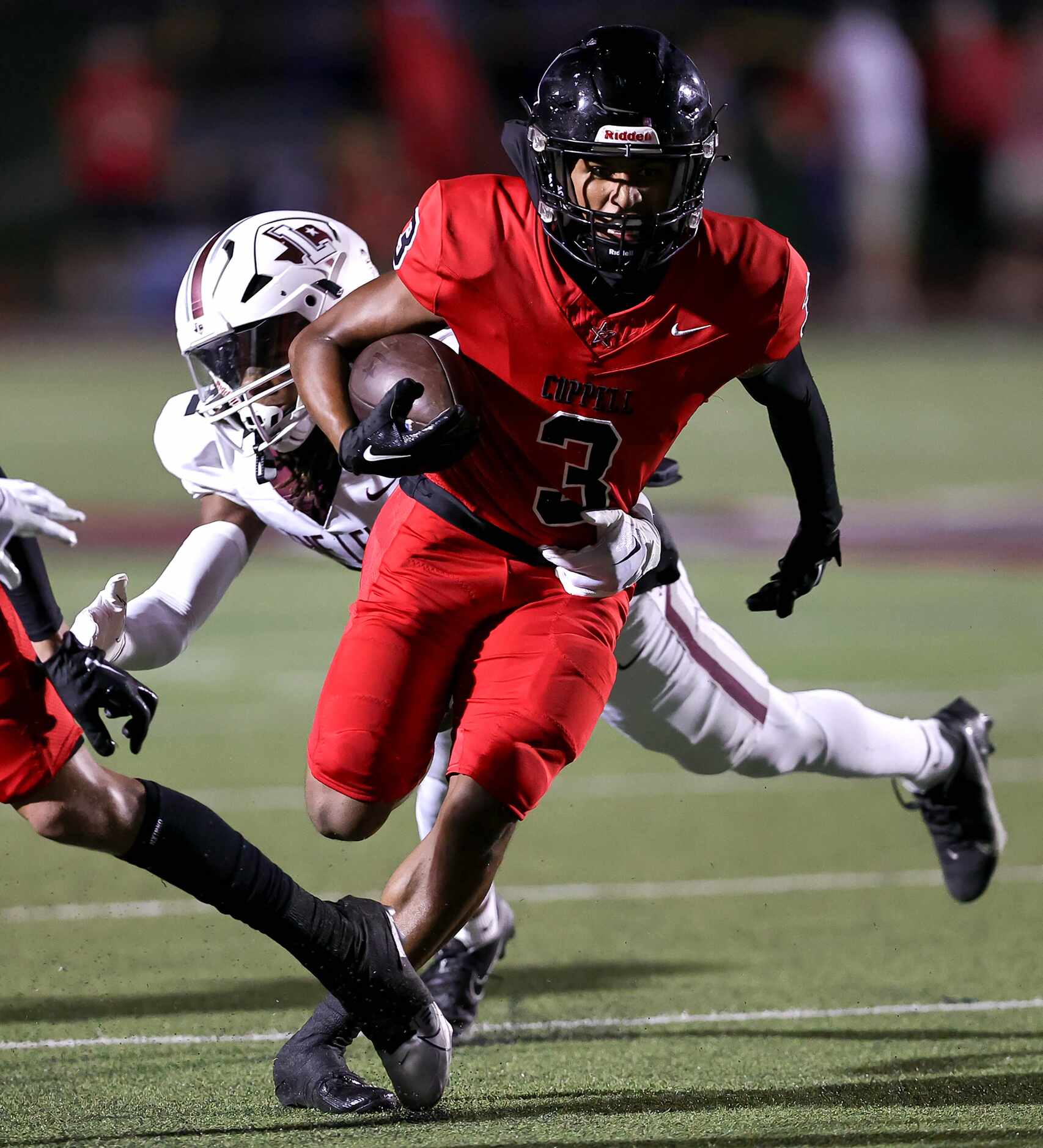 Coppell wide receiver Ayrion Sneed (3) makes a reception against Lewisville during the first...