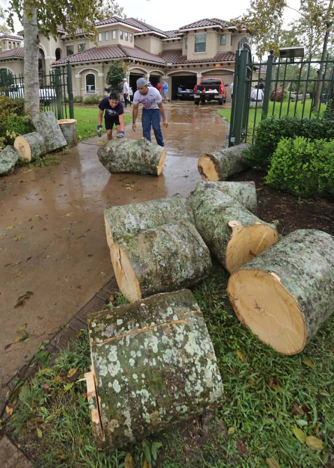 Crews cleaned up tree debris after a tornado spawned by Hurricane Harvey hit the Sienna...