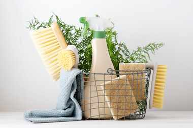 Cleaning products in a wire basket with a plant against a white backdrop