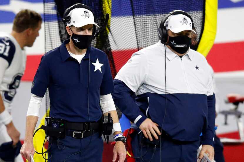 Dallas Cowboys special teams coordinator John Fassel (left) and head football coach Mike...