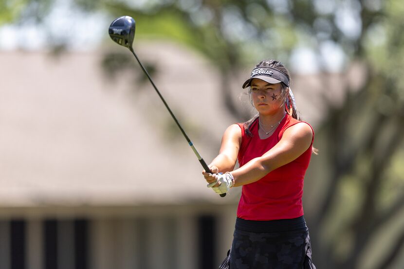 Coppell’s Lauren Rios prepares to hit from the 18th tee box during the 6A girls state golf...