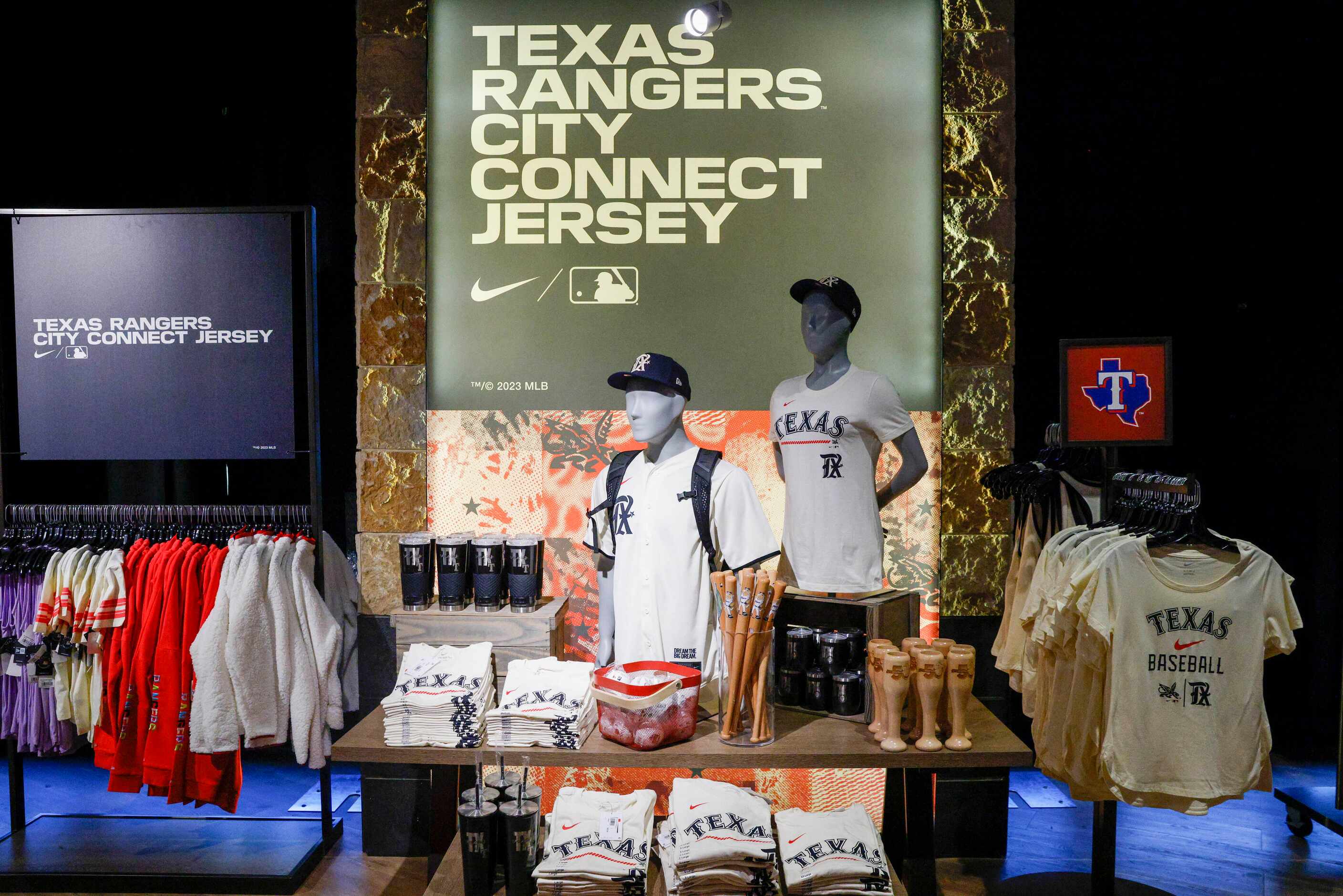 A display shows the new Texas Rangers City Connect merchandise at Globe Life Field on...
