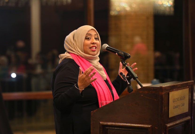 Saadia Ahmed, co-founder of the Dallas chapter of 200 Muslim Women Who Care, speaks during...