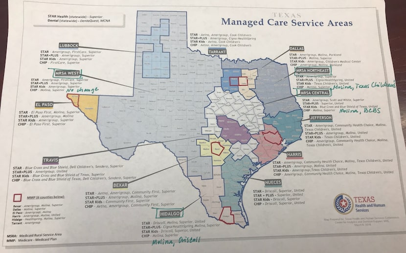 The canceled managed-care contracts were for the regions circled in green — Medicaid Rural...