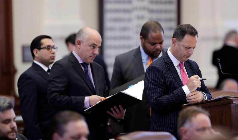 Texas Democratic lawmakers, from left, Rep. Diego Bernal, D-San Antonio, Rep. Chris Turner,...