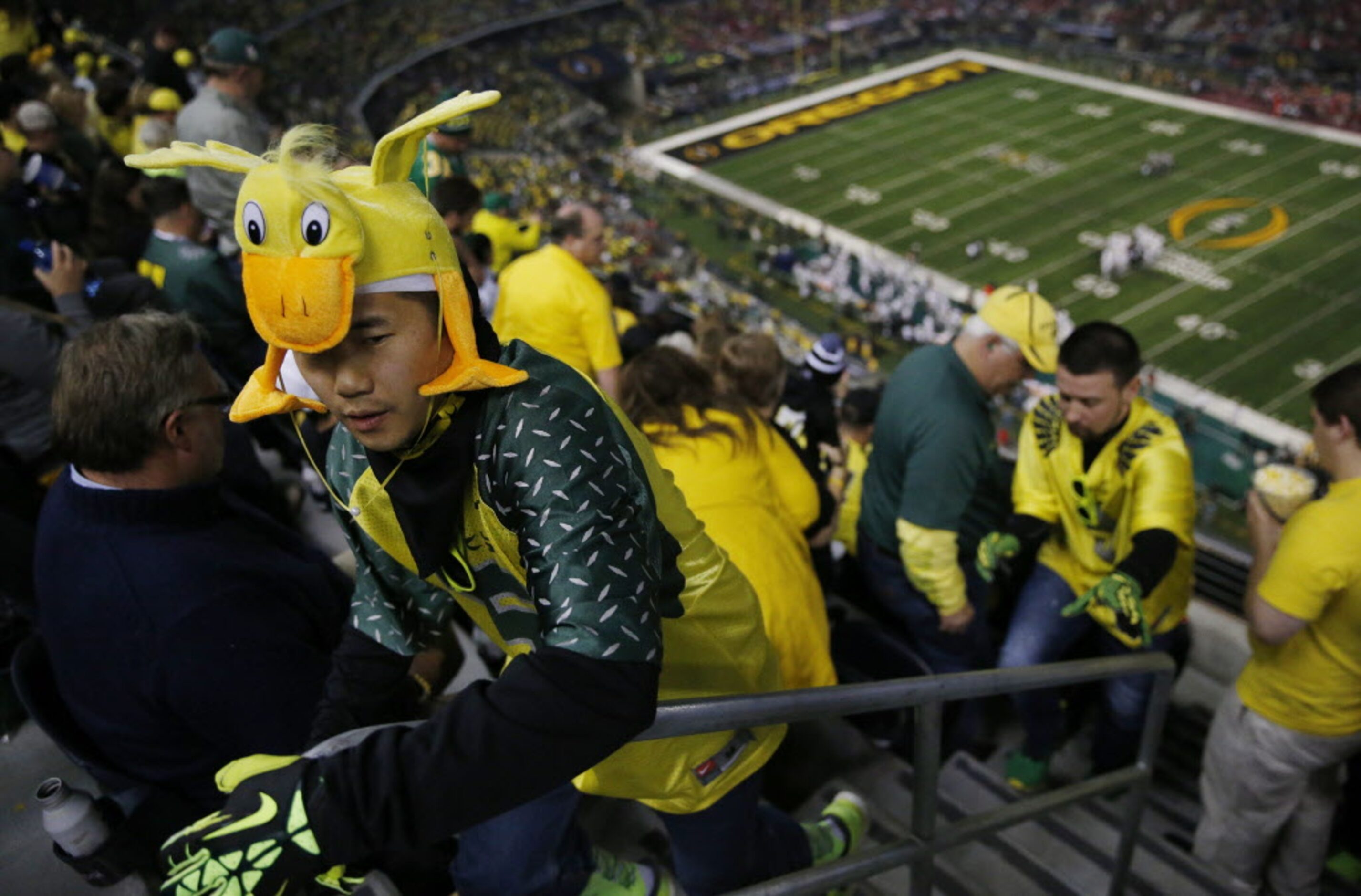 Oregon Ducks fan Steven Mah, of Danville, California, after the first quarter during the...