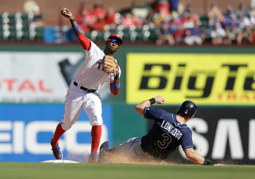 Tampa Bay Rays Evan Longoria (3) slides into second base breaking up the double play against...