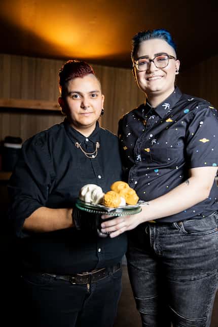 Emily Sanchez, left, and Aspen Carter of Mindful Mortal Cheese use vegan cheese to make food...