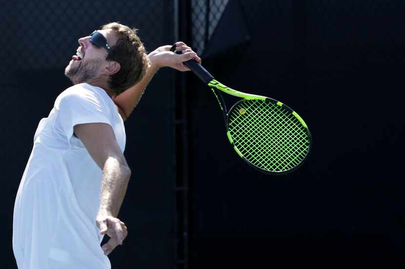 Dirk Nowitzki plays in a match during the Mavericks legend's annual charity tennis...