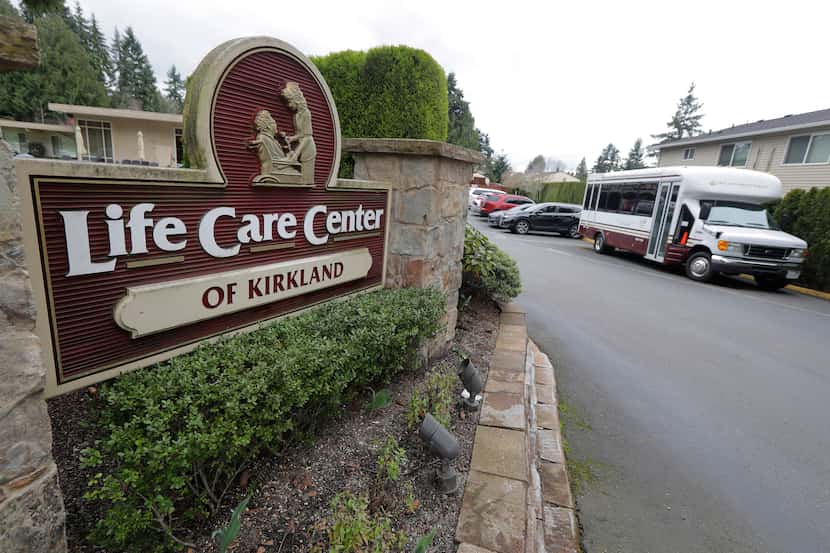 A sign at the entrance of the Life Care Center is shown in Kirkland, Wash., near Seattle,...