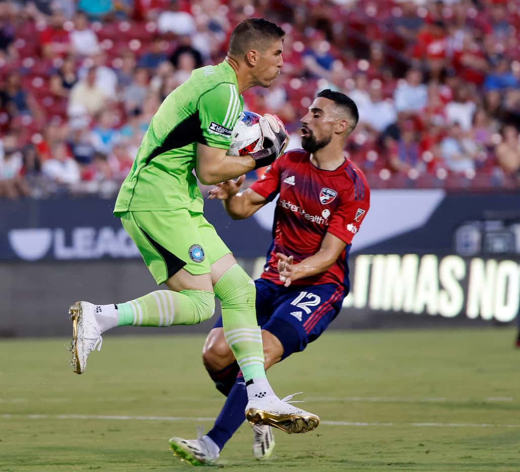 Charlotte FC goalkeeper Kristijan Kahlina (1) catches the ball as FC Dallas midfielder...