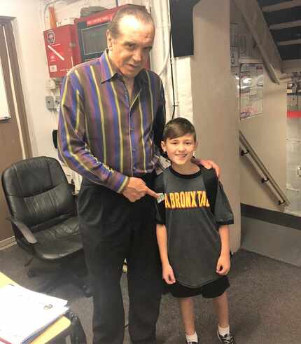 Chazz Palminteri and Frankie Leoni backstage at A Bronx Tale at the Longacre Theater in New...