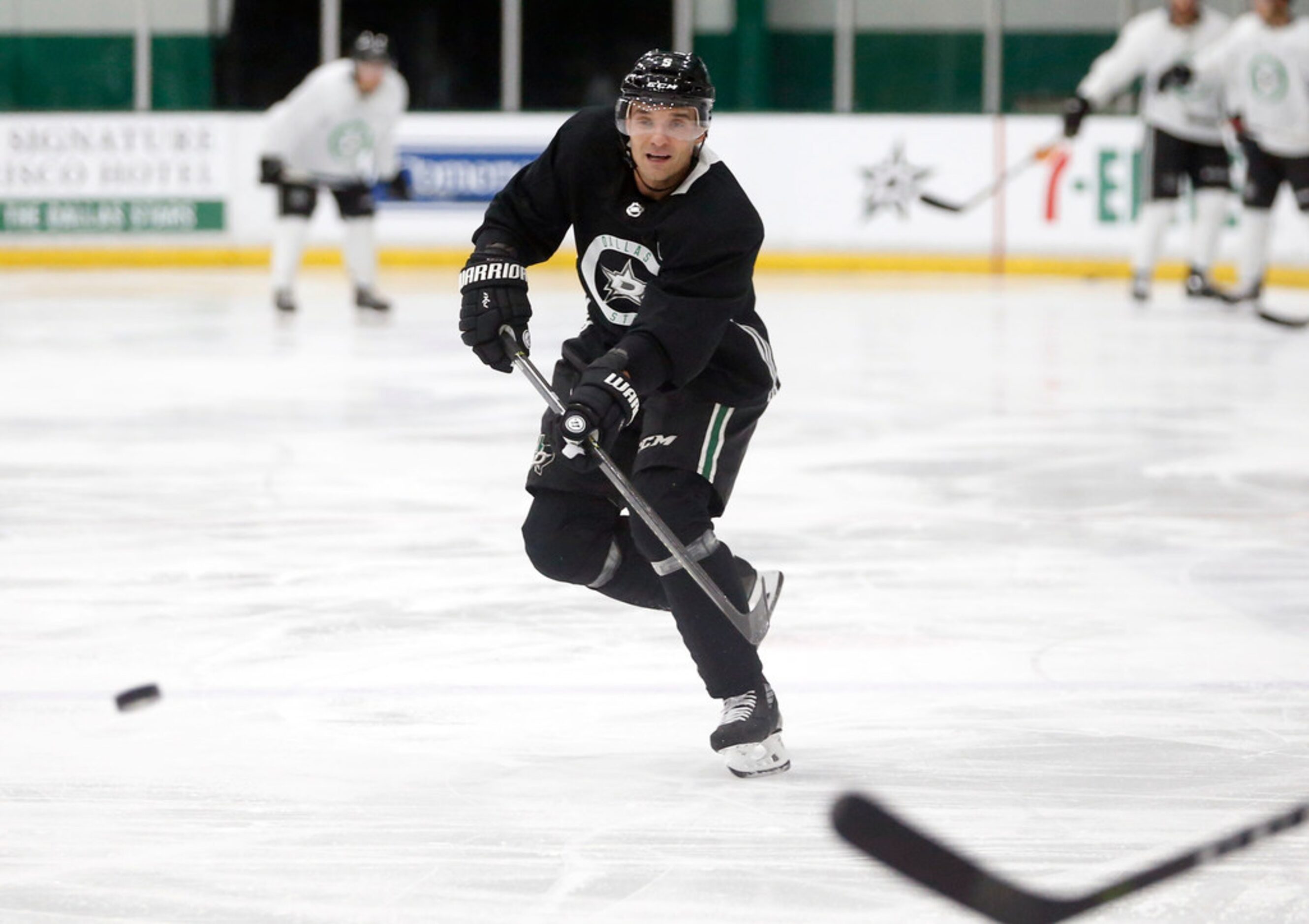 Dallas Stars defenseman Andrej Sekera (5) takes a shot on goal during Dallas Stars training...