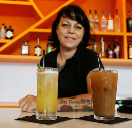 Bartender Callie Pruitt serves the Cinners & Sage, left, and the Long Island Ice Coffee...