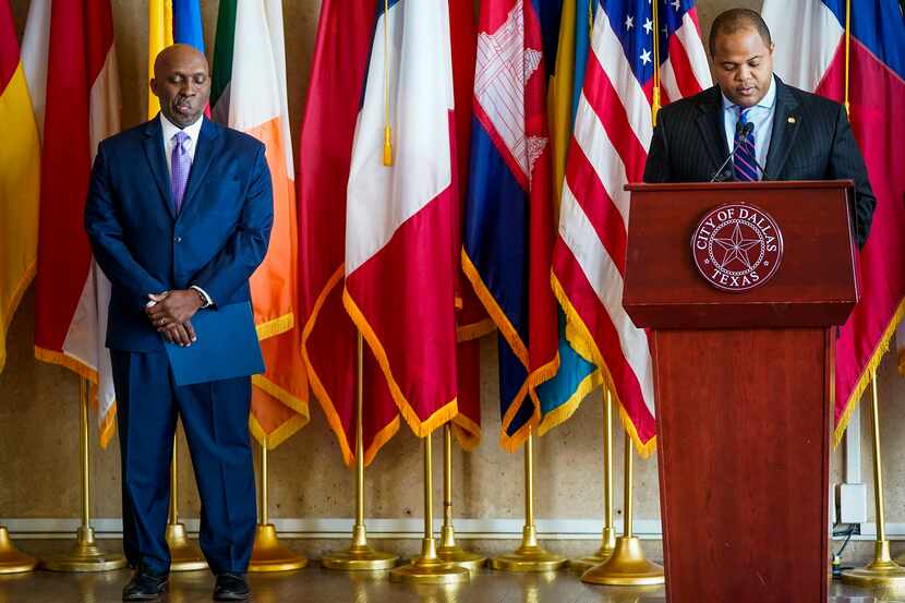 Dallas City Manager T.C. Broadnax (left, in this photo from 2020) and Dallas Mayor Eric...