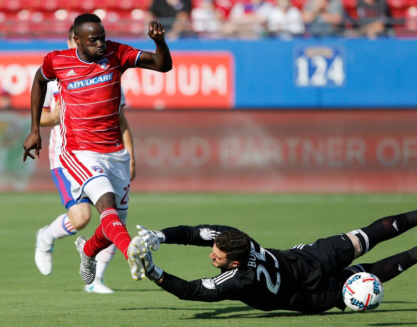 FC Dallas forward Roland Lamah (20) takes a shot on goal as Toronto FC goalkeeper Alex Bono...