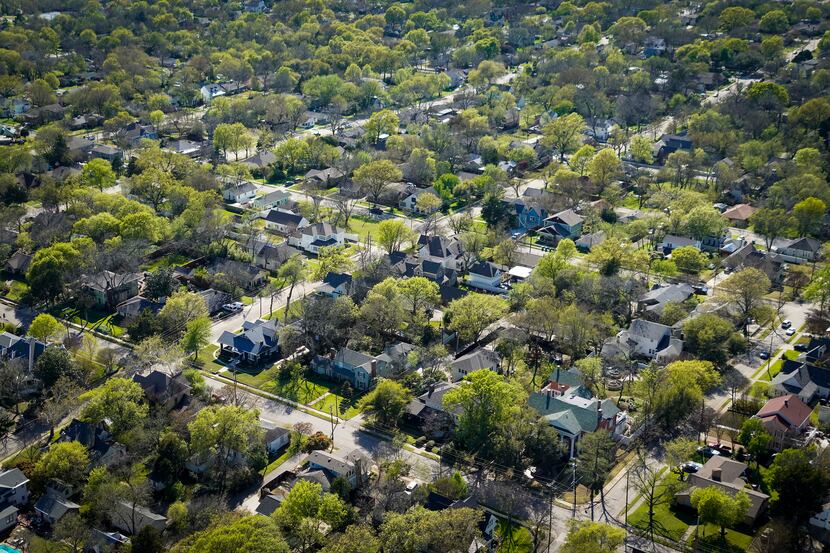 Aerial view of residential neighborhood near downtown McKinney, Texas on Tuesday, March 24,...