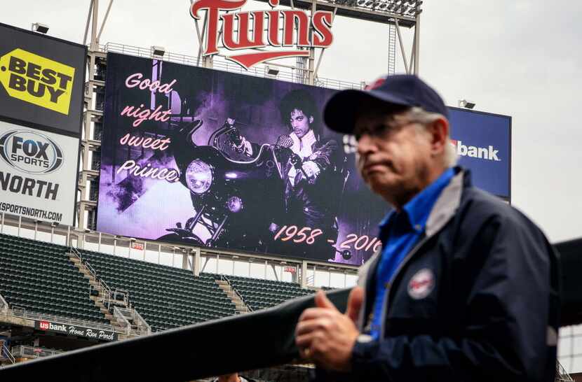 "Goodnight Sweet Prince" reads the display screens in Target Field following the...