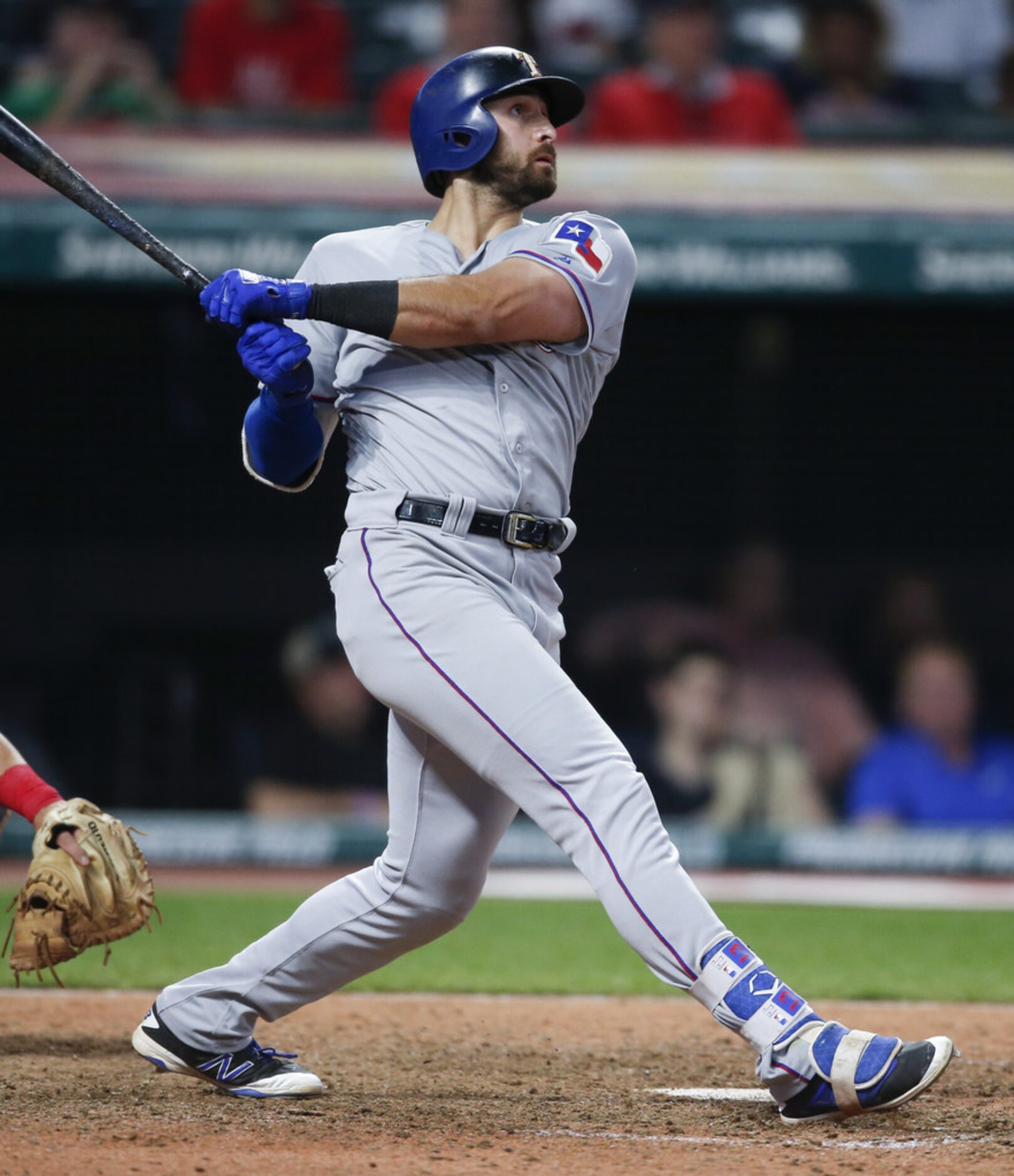 CLEVELAND, OH - MAY 01: Joey Gallo #13 of the Texas Rangers hits a solo home run  off Nick...