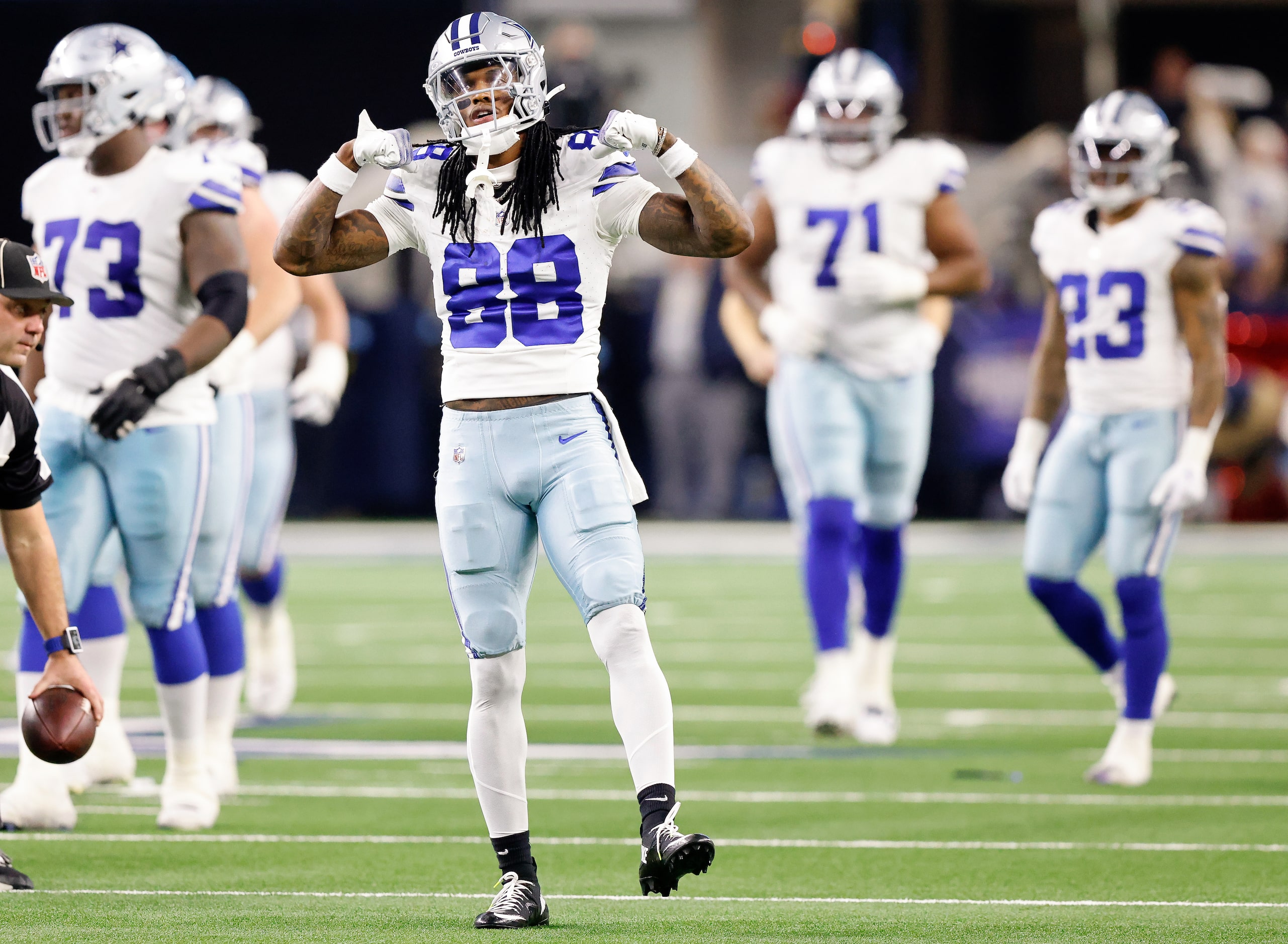 Dallas Cowboys wide receiver CeeDee Lamb (88) reacts following his big second quarter catch...