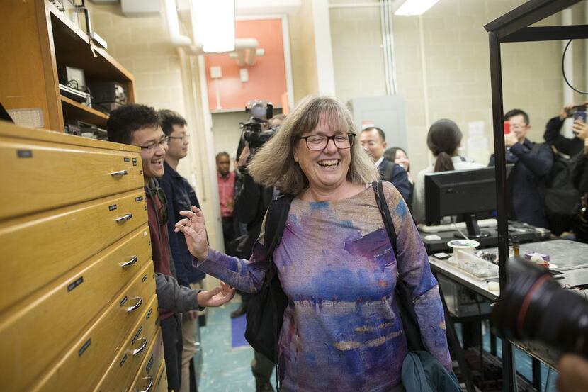 Professor Donna Strickland arrives in her lab at the University of Waterloo, following a...