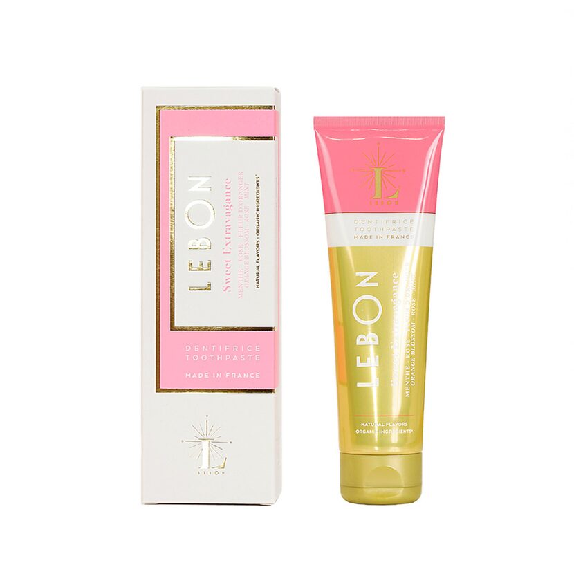 Lebon organic toothpaste in Sweet Extravagance made with orange, rose blossom and mint, $21,...