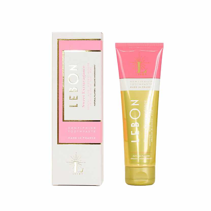 Lebon organic toothpaste in Sweet Extravagance made with orange, rose blossom and mint, $21,...
