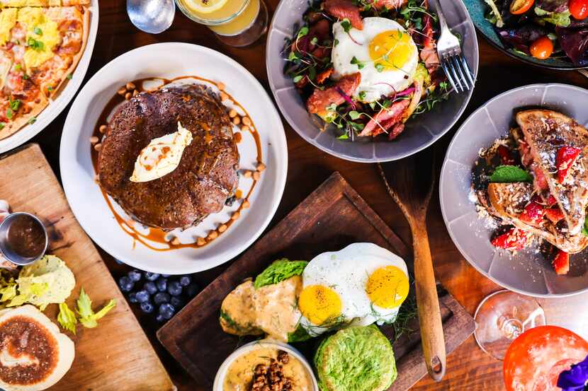 Encina launches a new brunch menu in time for Mother's Day. From left, blue corn pancakes,...