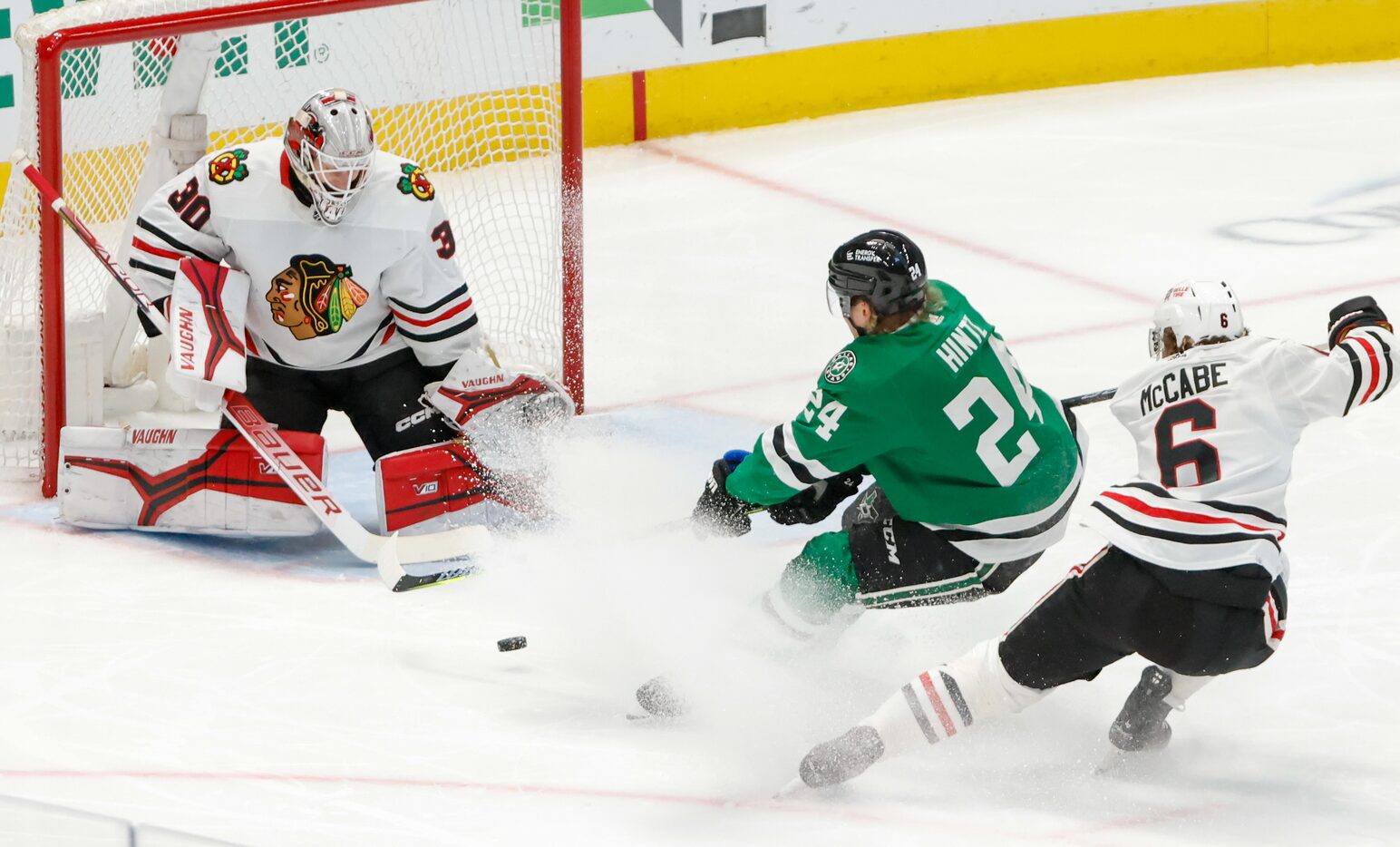 Dallas Stars center Roope Hintz (24) attempts a score during the first period of a game...