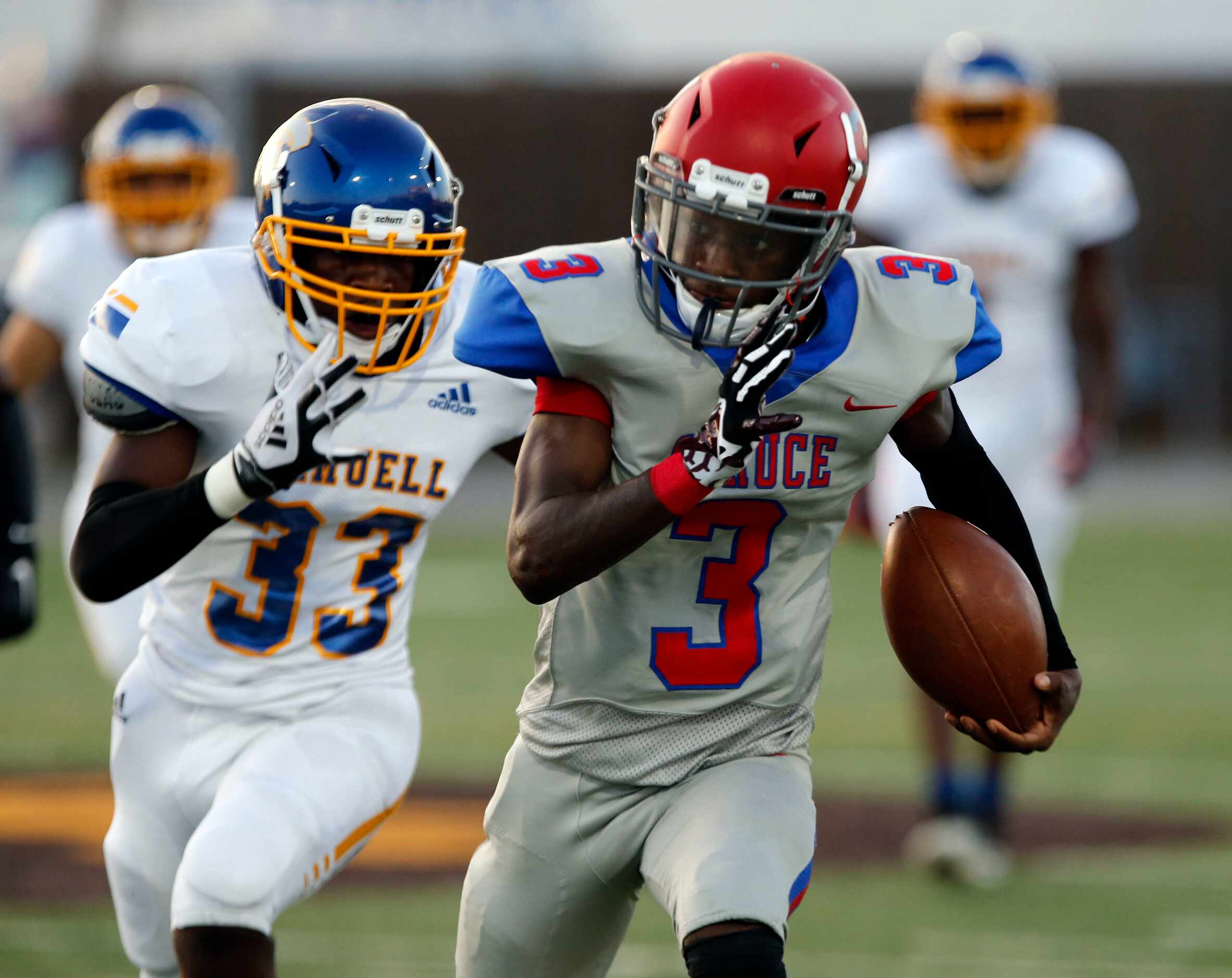 Samuell High defender Sharray Savage (33) chases Spruce QB Timad Cotton (3) during the first...