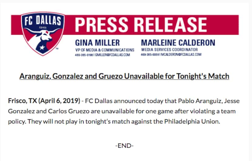 The FC Dallas statement on the suspension of Pablo Aranguiz, Jesse Gonzalez, and Carlos Gruezo.