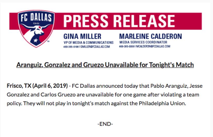 The FC Dallas statement on the suspension of Pablo Aranguiz, Jesse Gonzalez, and Carlos Gruezo.