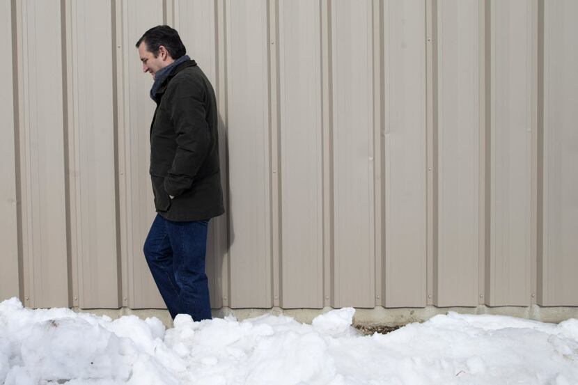  Republican presidential candidate Sen. Ted Cruz walks along the snow pile as he arrives to...