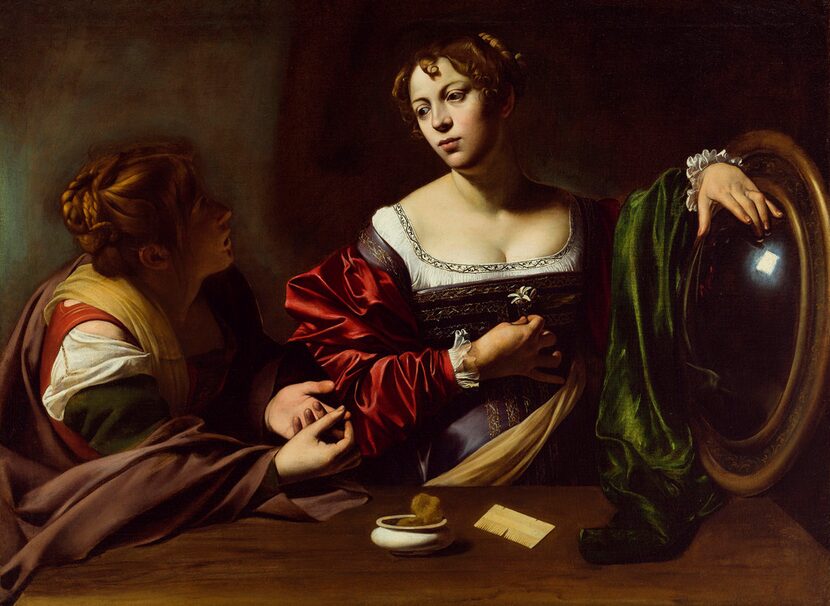 Martha and Mary Magdalene, by Old Master painter Michelangelo Merisi da Caravaggio, circa...