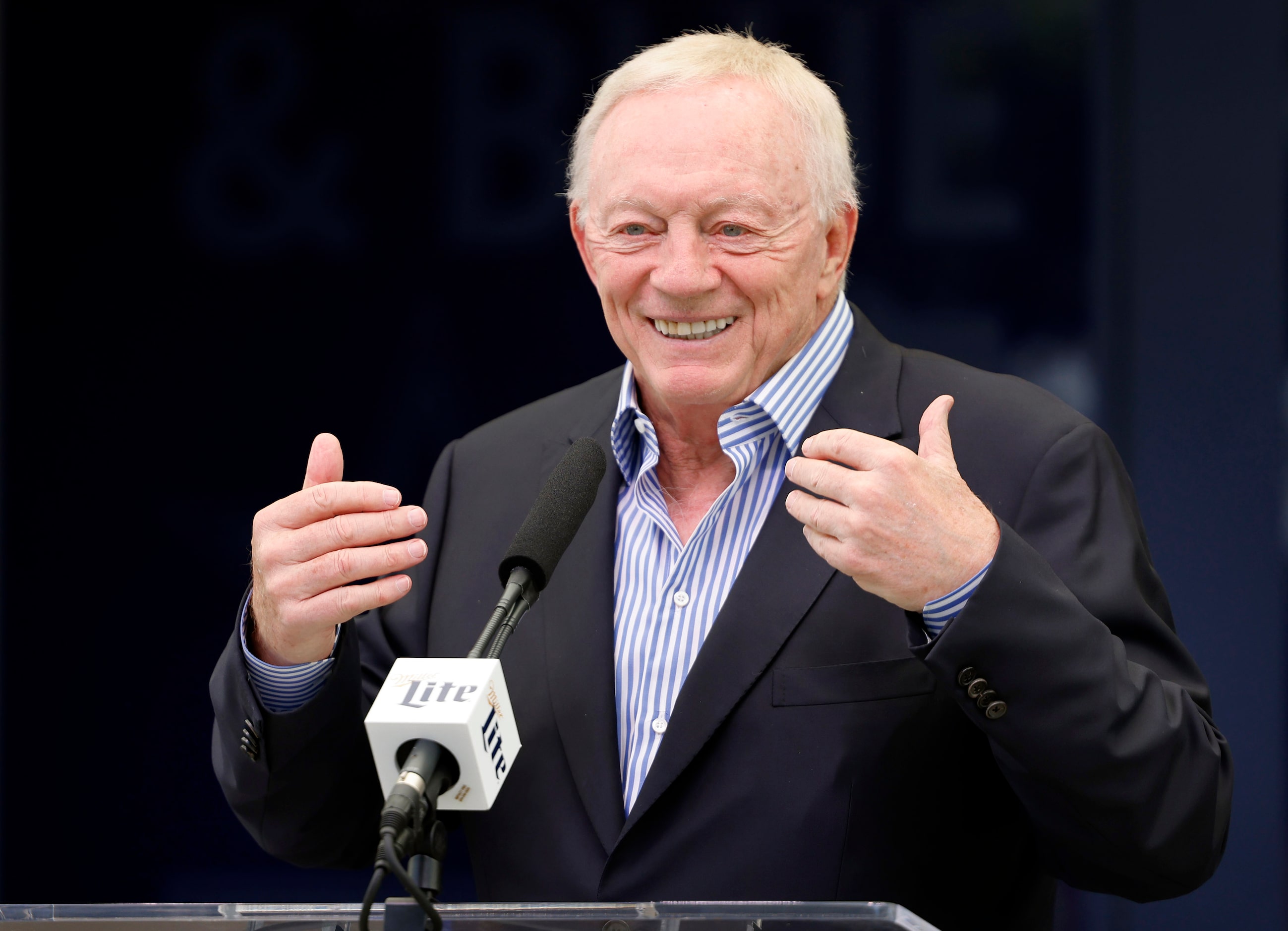 Dallas Cowboys owner Jerry Jones delivers remarks about the new constructed Miller LiteHouse...